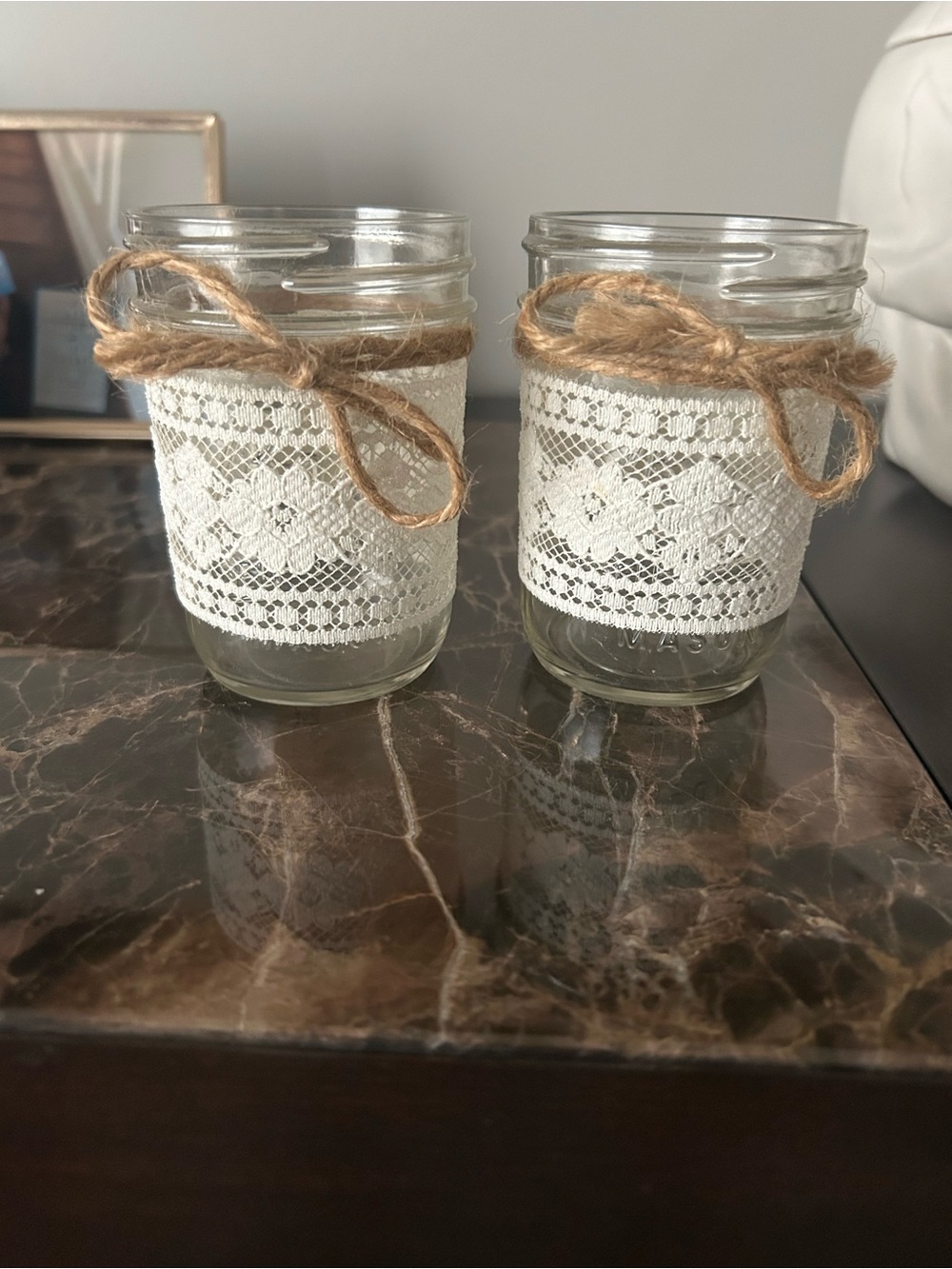 Handcrafted Lace Mason Jar Candle Holders with Jute Bow - White (Set of 2)